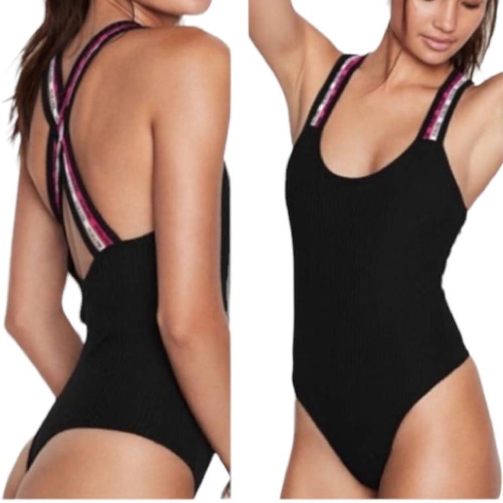 Victoria Sport Black‎ Ribbed Scoop Neck Body Suit Size Medium